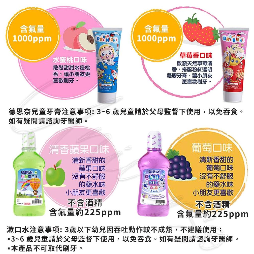 universomart宇碩協銷_授權素材德恩奈兒童牙膏漱口水全系列LOGO