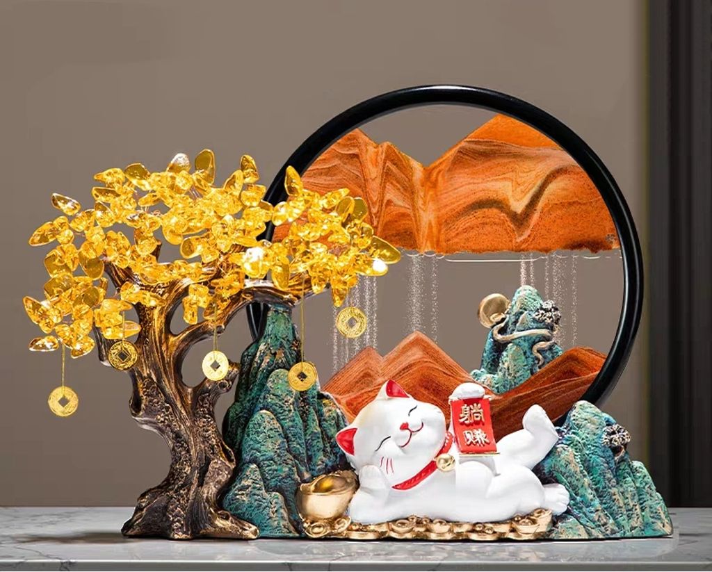 Lucky Cat Opening Flower 发财树招财猫流沙