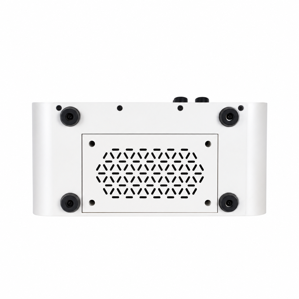White amplifier underside on white backdrop
