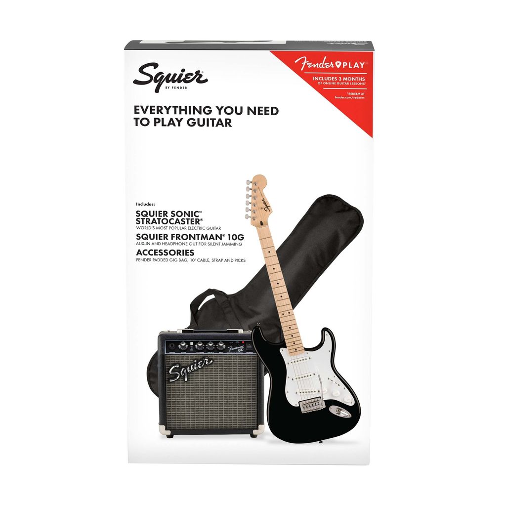 Squier Sonic Stratocaster Electric Guitar Pack with Maple Fingerboard & Fender Frontman 10G - Black - Gtr Pack - 2