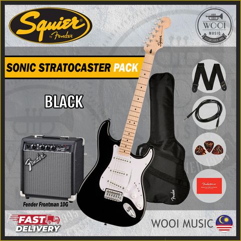 Squier Sonic Stratocaster Electric Guitar Pack with Maple Fingerboard & Fender Frontman 10G - Black - Gtr Pack - CP