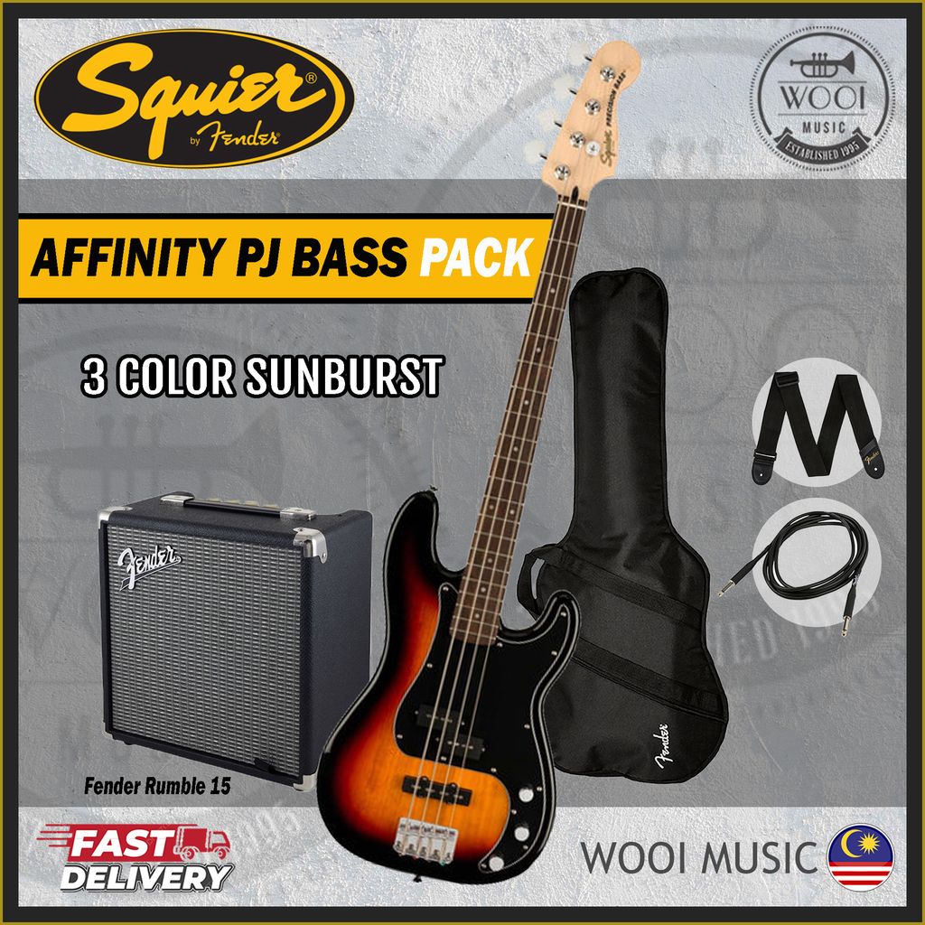 Squier Affinity Series PJ Bass Guitar Pack, Laurel FB, 3-color Sunburst-CP