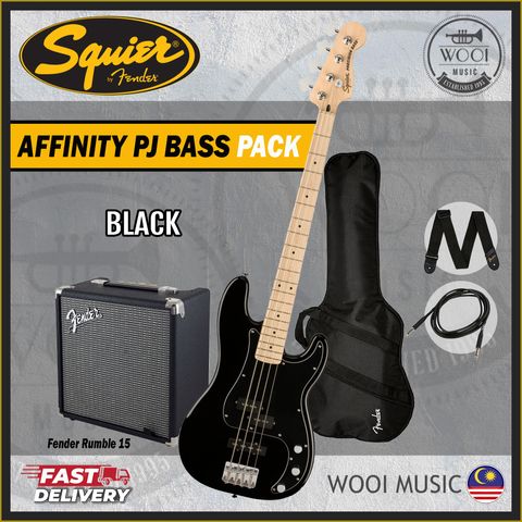 Squier Affinity Series PJ Bass Guitar Pack with Maple Fingerboard & Fender Rumble 15 - Black - CP