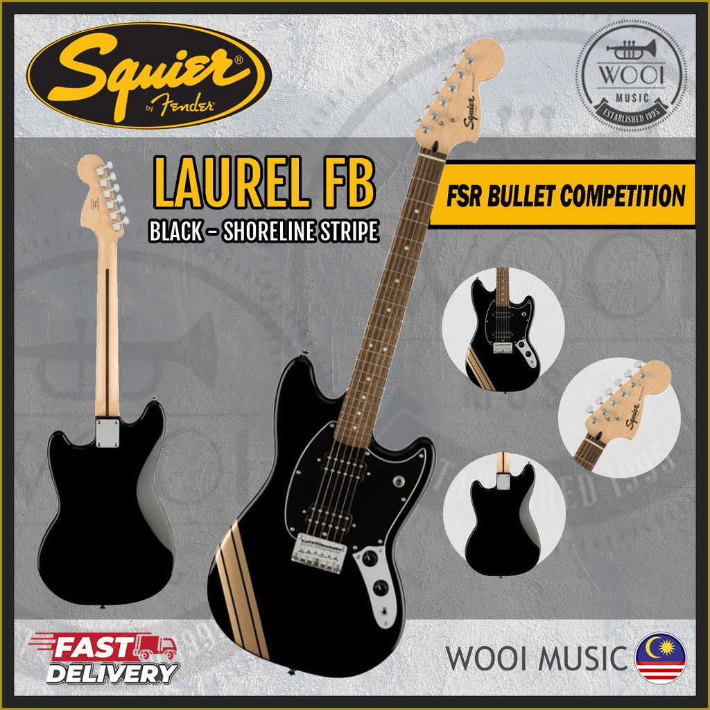 Squier FSR Bullet Competition HH Mustang - Shoreline Stripe - Black -CP