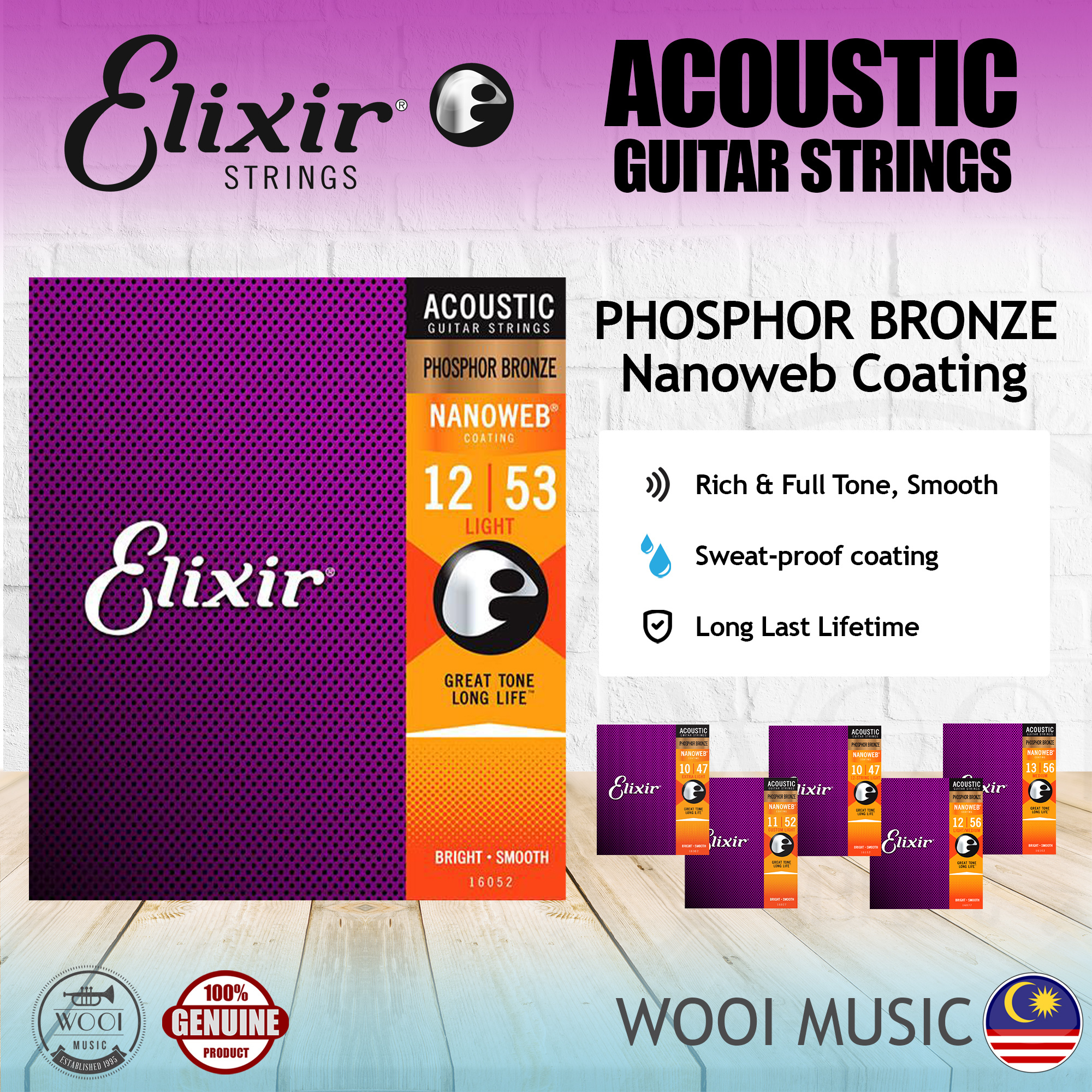 Elixir Nanoweb Phosphor Bronze Acoustic Guitar Strings - 16002 16027 16052  16077 (Gauges 10 11 12) – Wooi Music