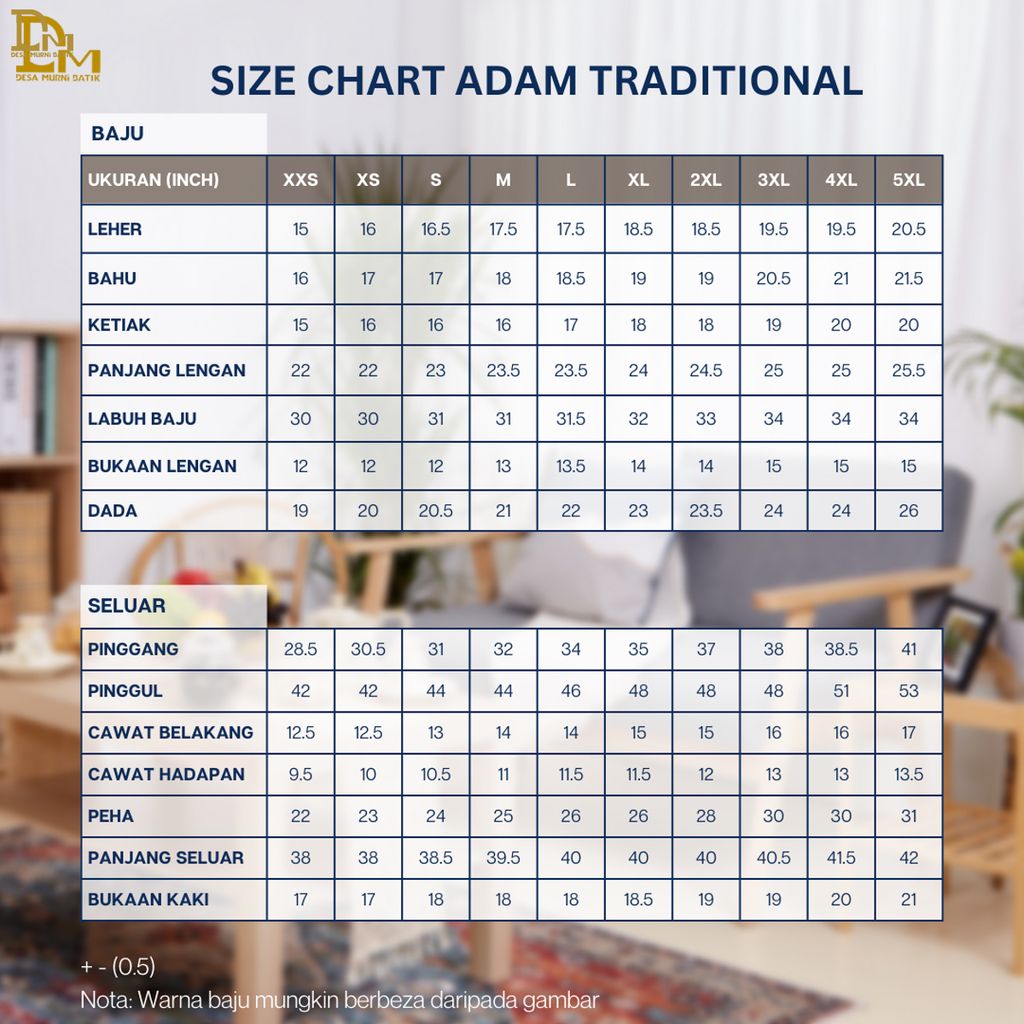 #SIZE CHART ADAM TRADITIONAL