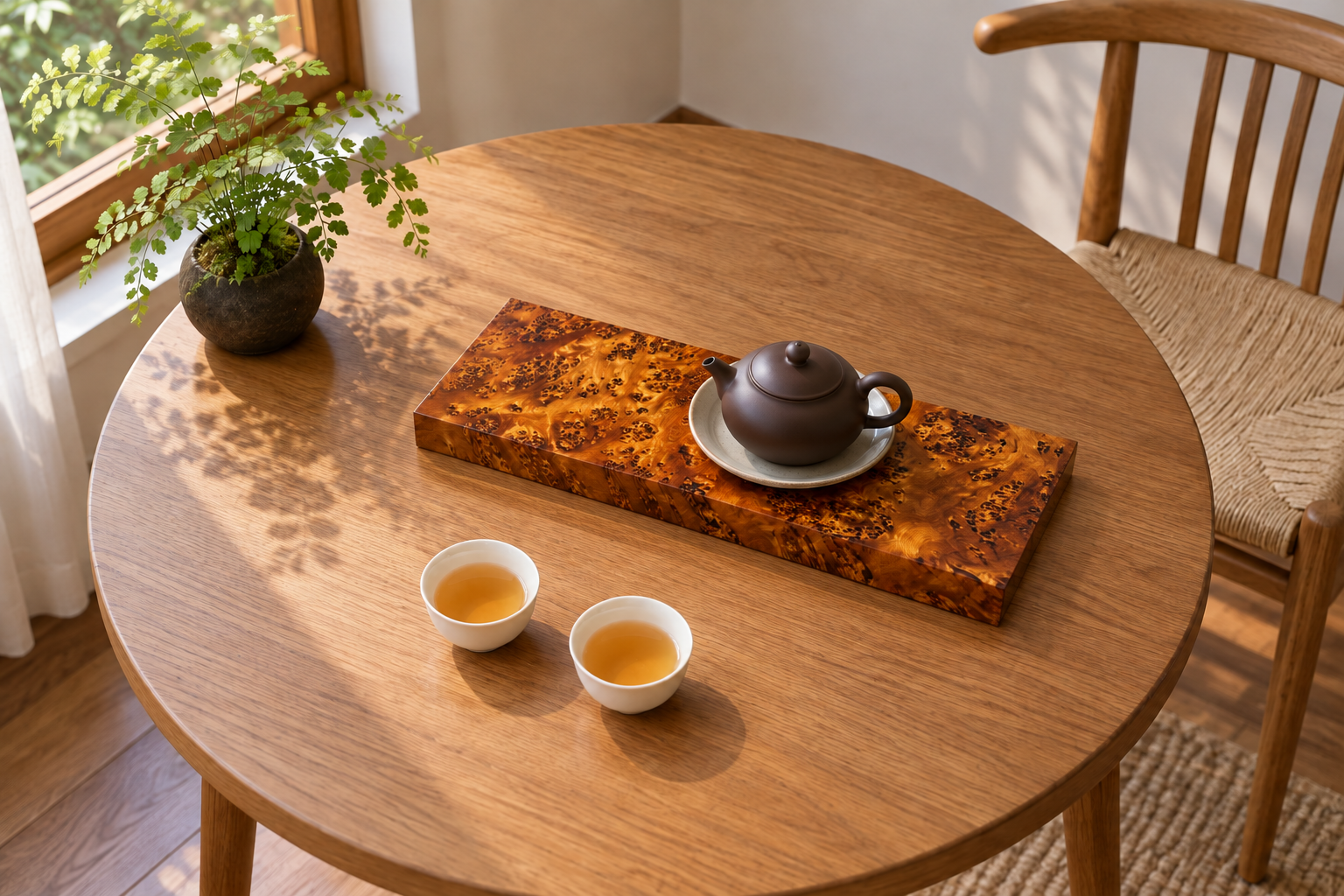 窄版厚實琥珀木茶盤與茶具