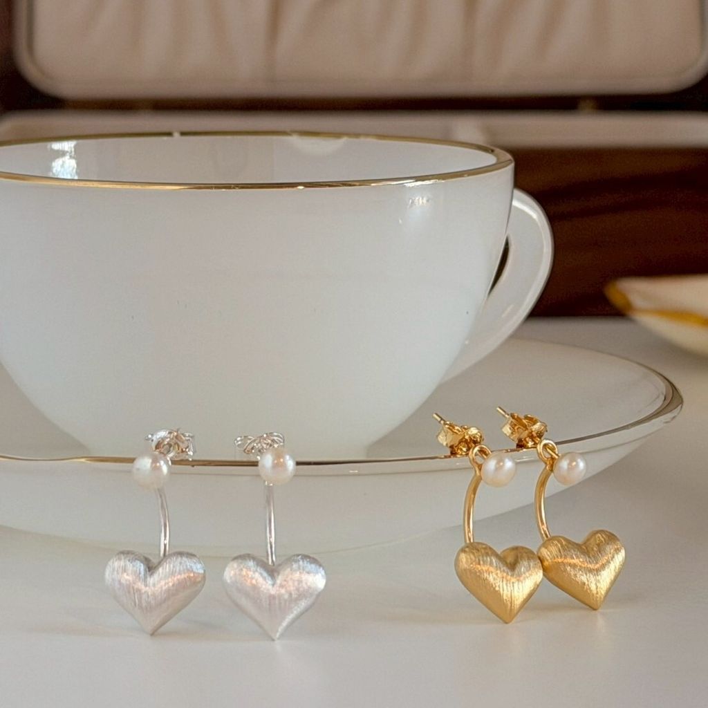 柔霧愛心純銀珍珠耳針