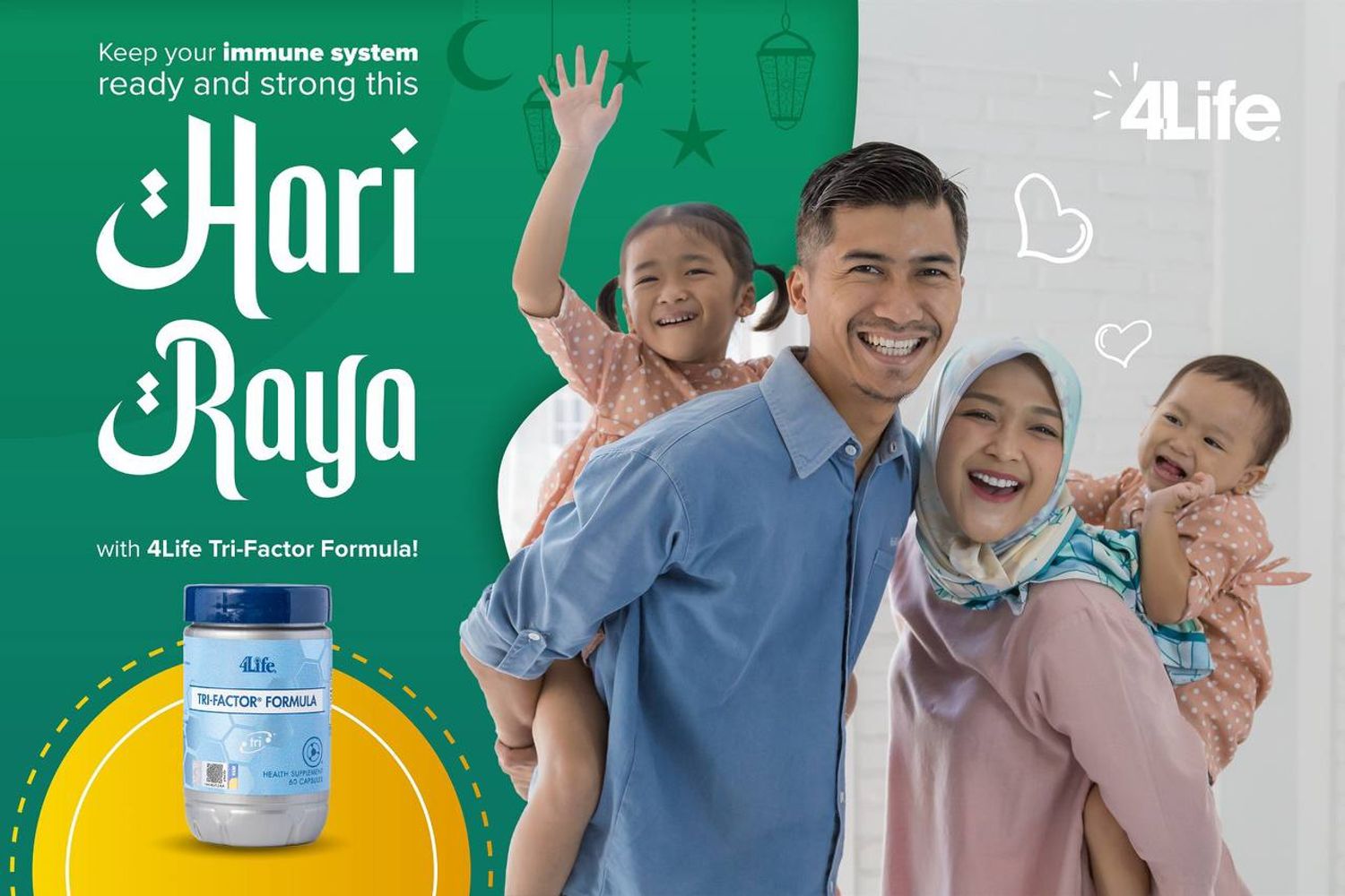 Keep your immune system ready and strong this Hari Raya so you can celebrate and enjoy every moment with family and friends.   4Life Tri-Factor Formula contains immune-supporting transfer factors to ensure you are ready to welcome friends and loved ones from the get go.   Stay happy and healthy this Hari Raya with 4Life Transfer Factor!