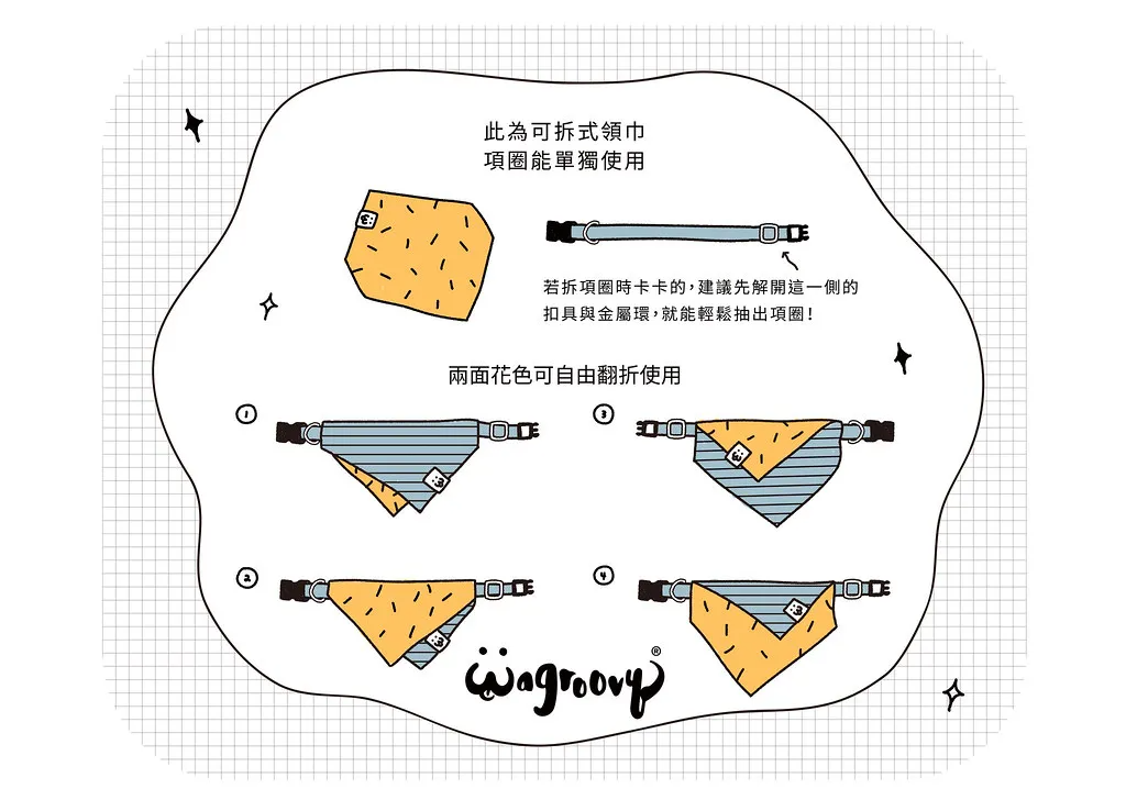 項圈與領巾示意圖,兩面花色自由翻折