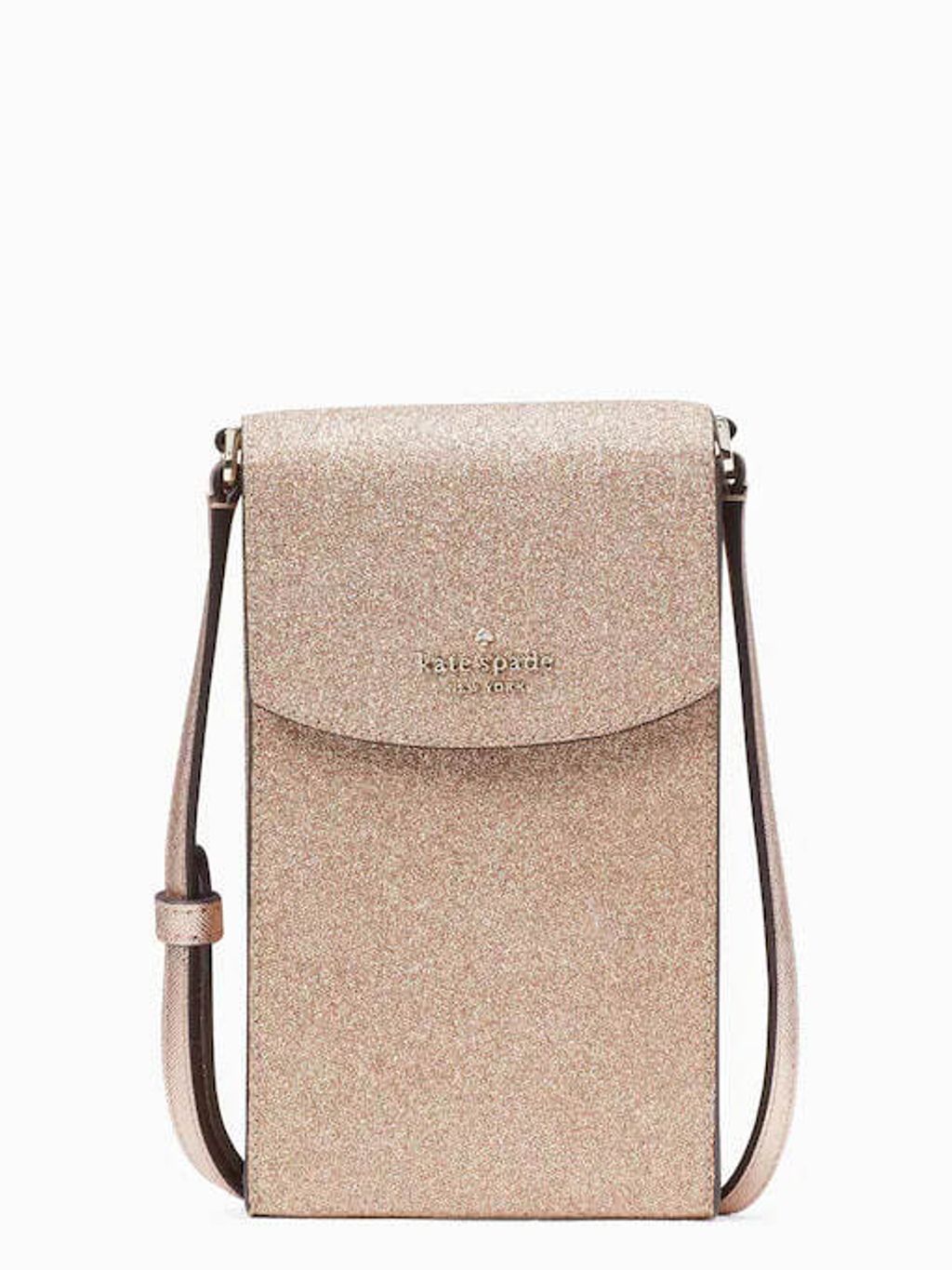 CLEARANCE] Kate Spade Tinsel Glitter Fabric North South Flap Phone Crossbody  in Rose Gold (K9393) - USA Loveshoppe