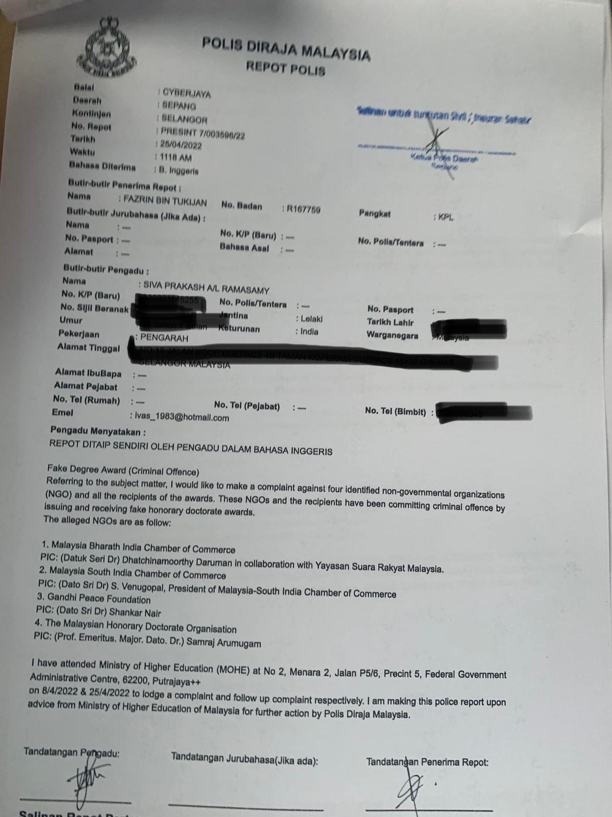 25 April 2022 - Police report lodged on fake honorary doctorate awarding NGO