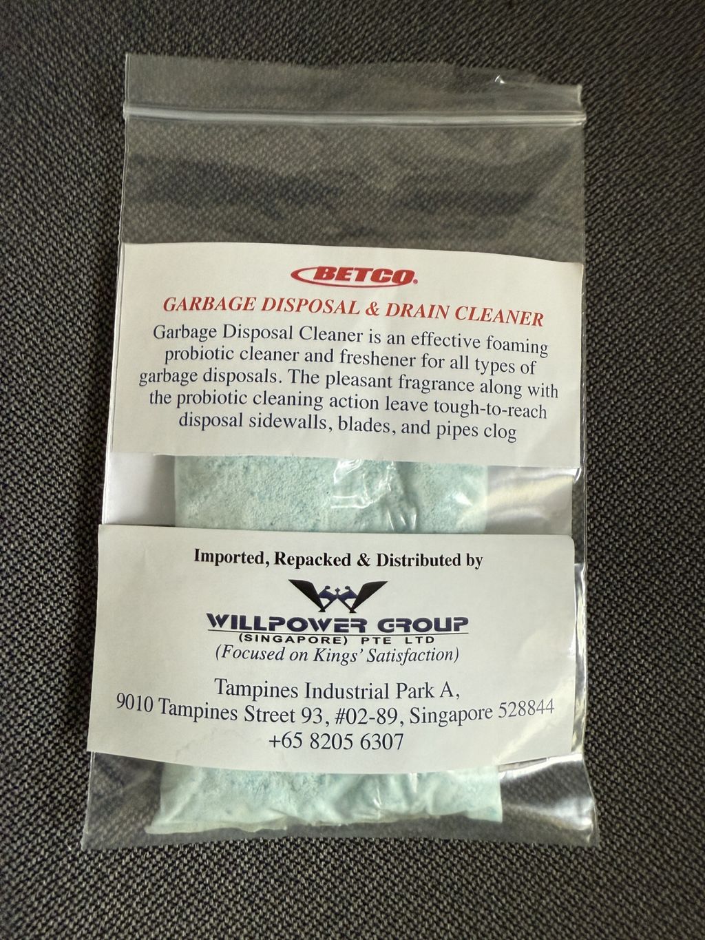 WGS005 BETCO GARBAGE DISPOSAL & DRAIN CLEANER 2 oz SATCHE