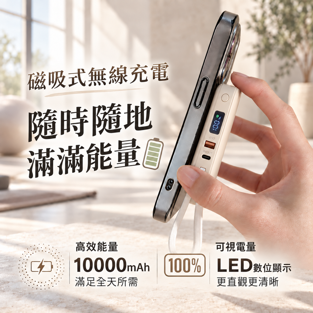 暖象牙色磁吸行動電源展示