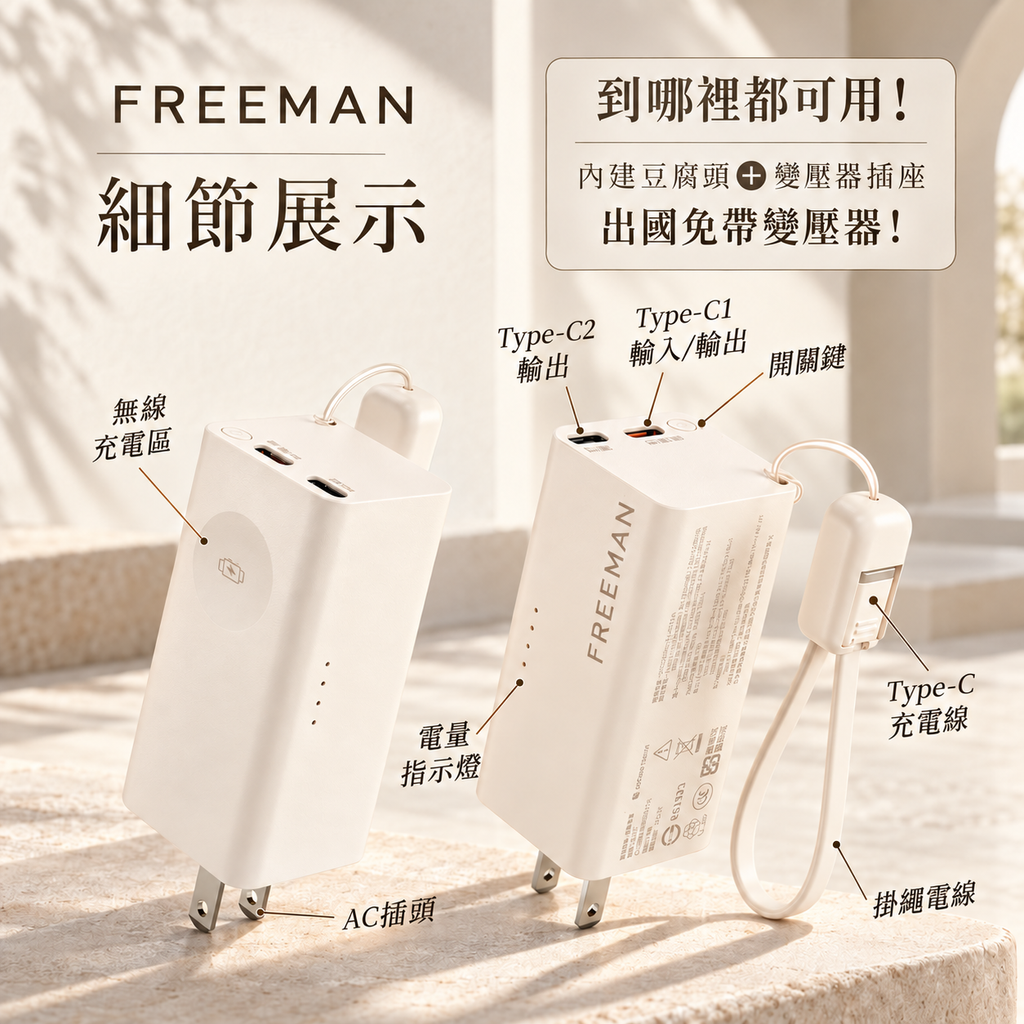 FREEMAN 奶油象牙行動電源資訊圖