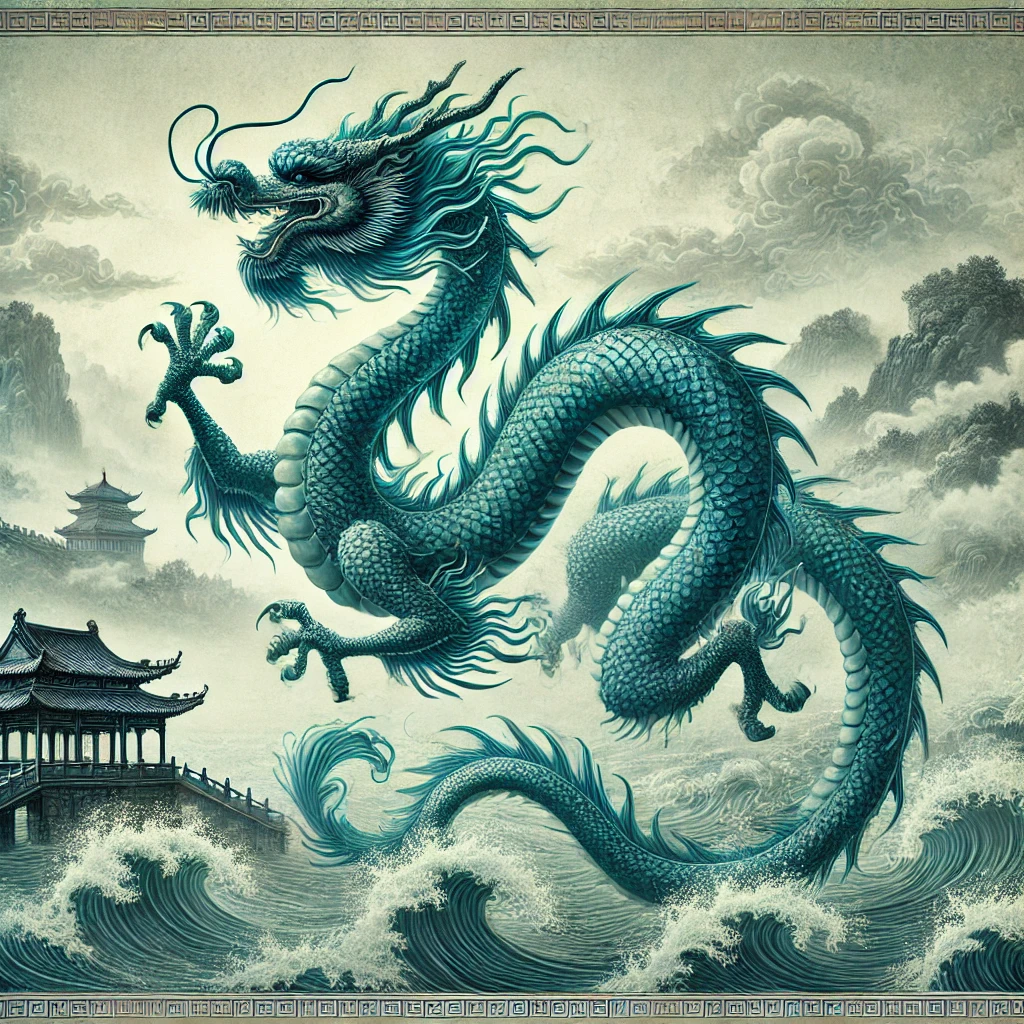 DALL·E 2025-02-13 16.55.10 - A majestic Azure Dragon soars above a sea of clouds, its body covered in shimmering green-blue scales. The background features misty mountains and anc