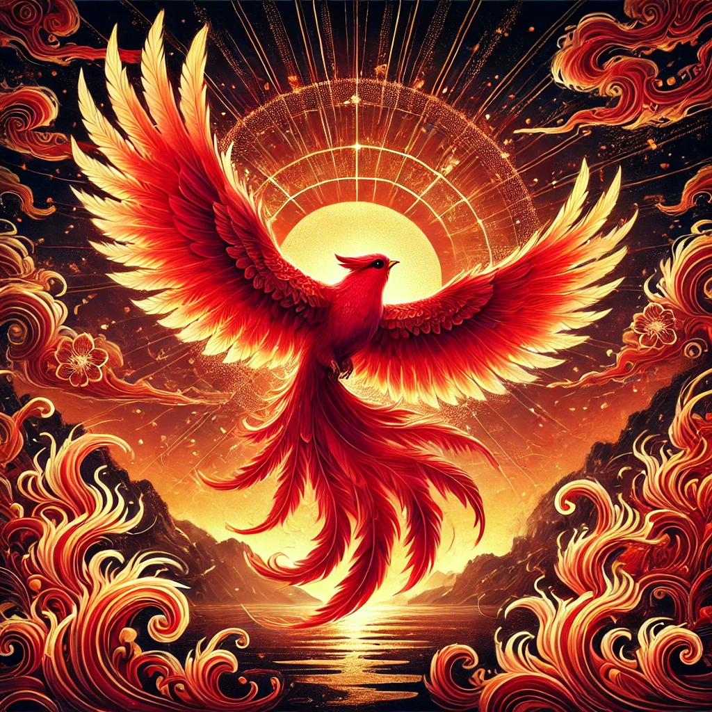 DALL·E 2025-02-13 16.55.37 - A Vermilion Bird with fiery red wings soars against a brilliant sunset and flames, its feathers detailed and layered, radiating energy and warmth. The