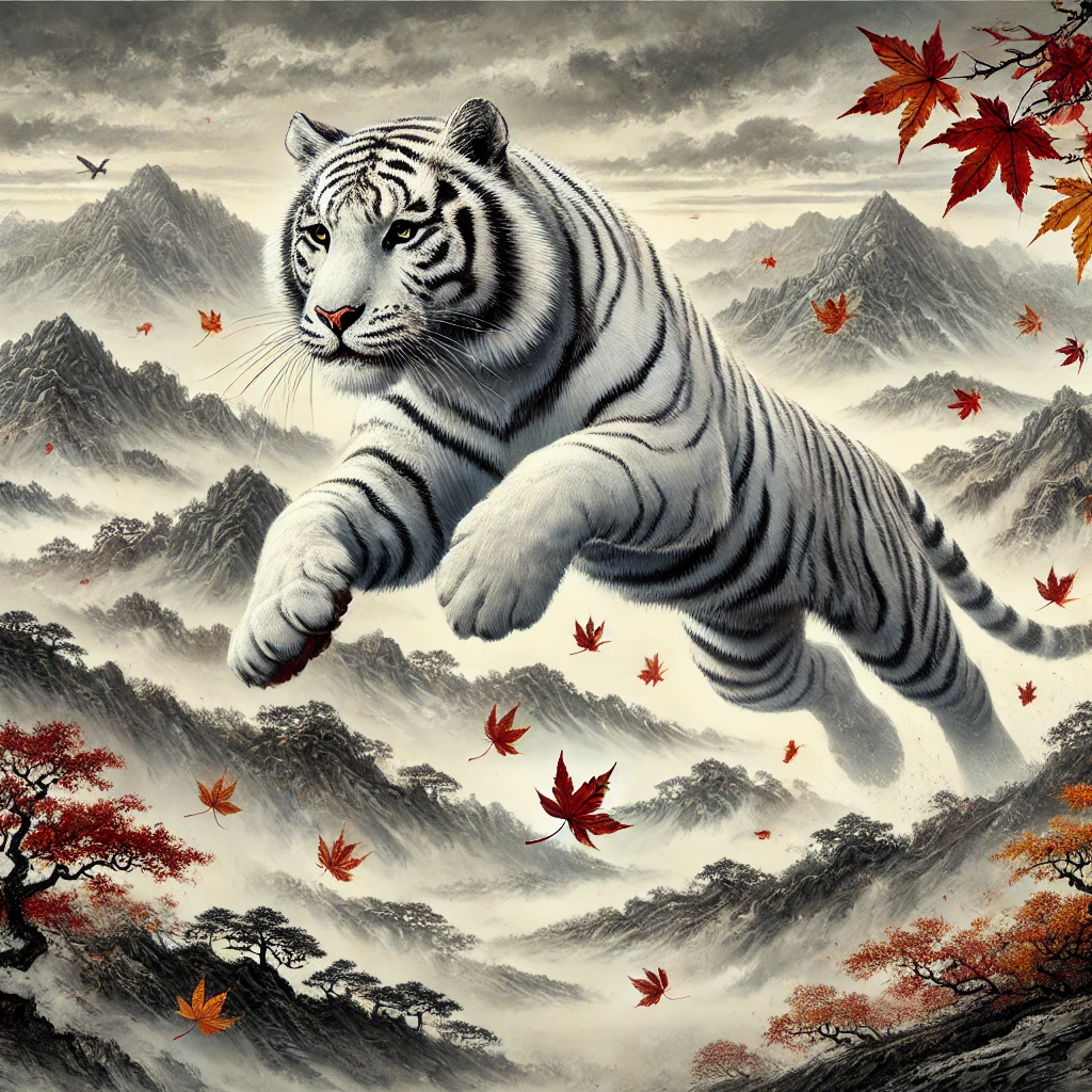DALL·E 2025-02-13 16.55.53 - A majestic White Tiger leaps through an autumn landscape with falling leaves, its eyes sharp and determined, exuding strength and bravery. The scene b