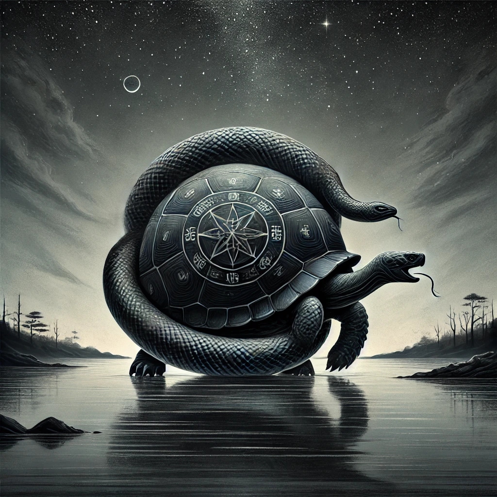 DALL·E 2025-02-14 21.12.34 - A mystical Black Tortoise, combining the form of a turtle and a snake, stands still in a serene night landscape with a starry sky and a reflective lak