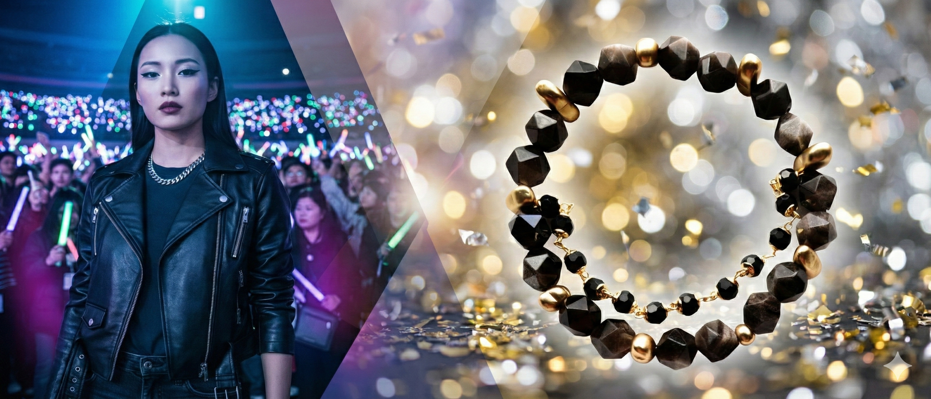 黑曜石金色水晶手鍊搭配演唱會穿搭的情境圖，展示黑曜石的保護能量、派對造型搭配與跨年活動配件靈感