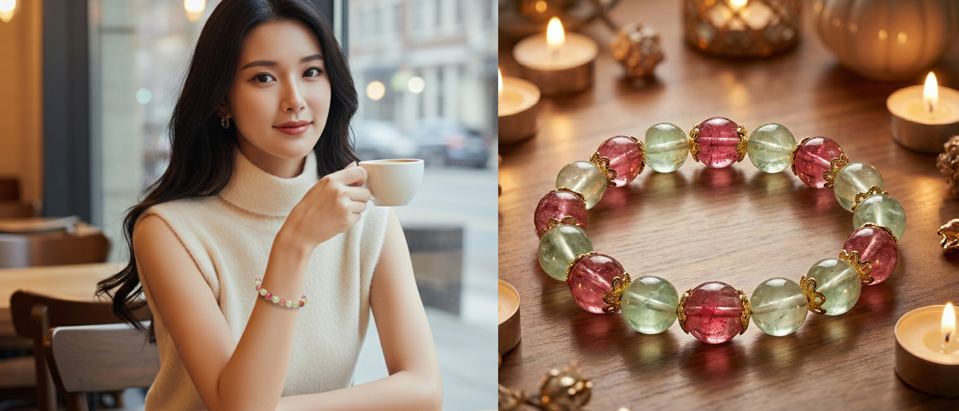 粉綠雙色水晶手鍊｜燭光場景商品展示