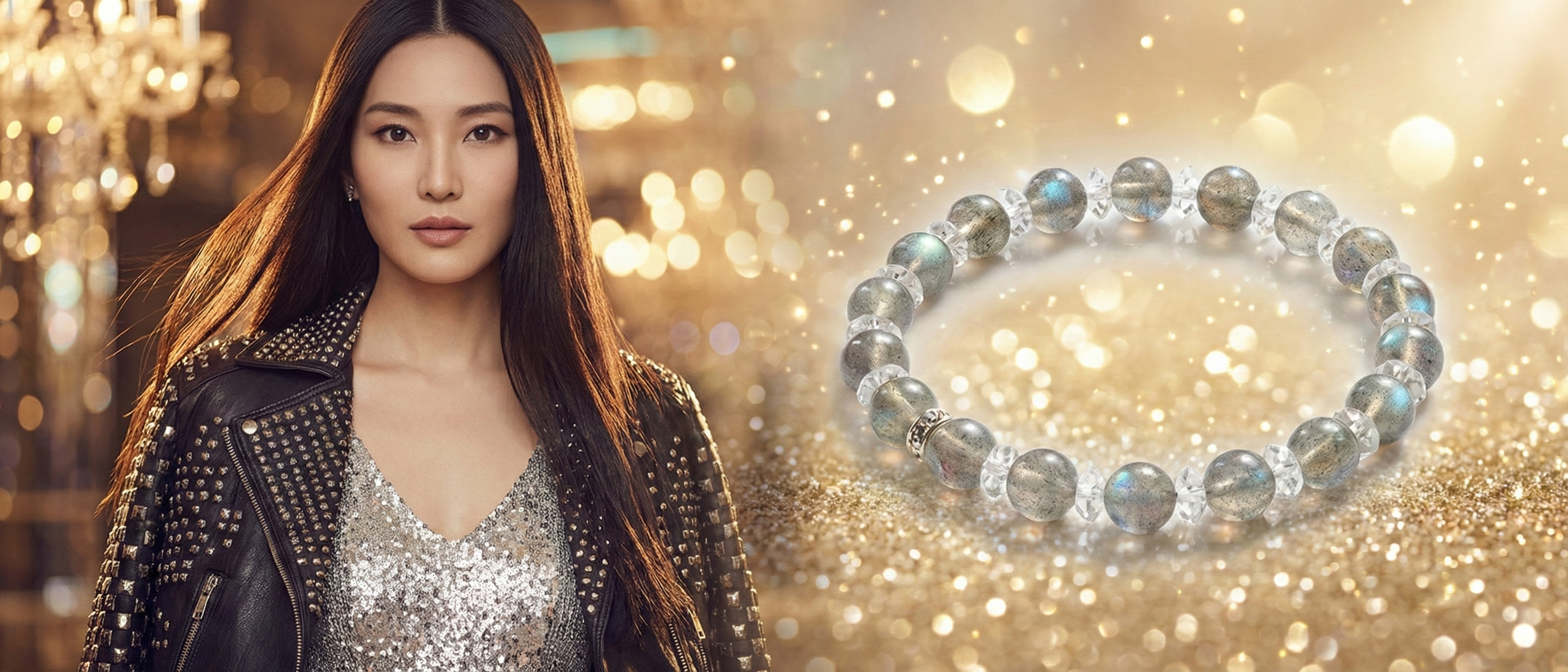 女性在華麗燈光場景中呈現冷酷時尚穿搭，搭配閃耀灰藍光暈的灰月光水晶手鍊商品特寫，展現夜晚能量與神秘魅力。