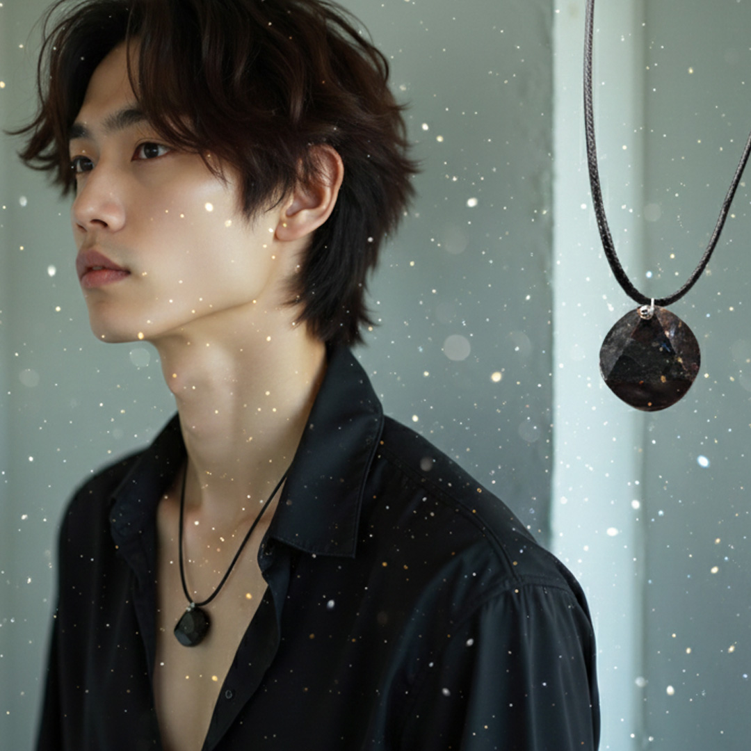男性以極簡深色穿搭呈現療癒系風格，胸前佩戴黑曜石能量項鍊，搭配粒子光點特效強調守護與沉穩氣場，右側為水晶吊墜商品特寫。