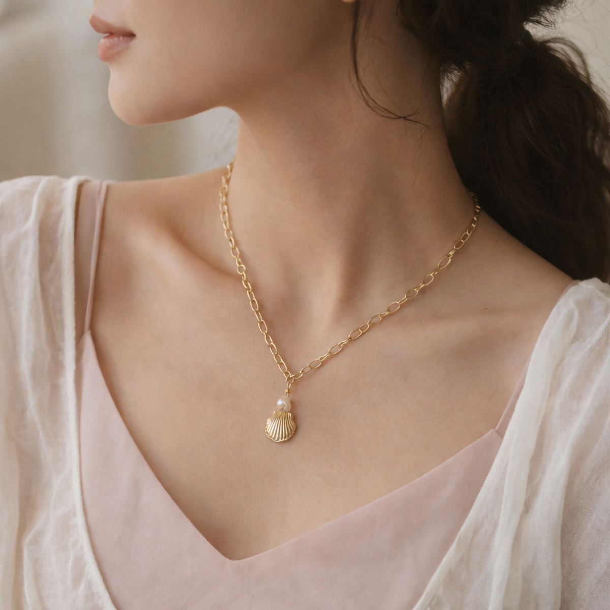 真人女性配戴金貝殼珍珠項鍊,金色鍊條自然垂墜於鎖骨,呈現溫柔海洋風穿