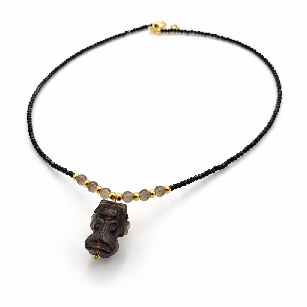 smoky-quartz-mazu-amulet-necklace-full-view-black-beads