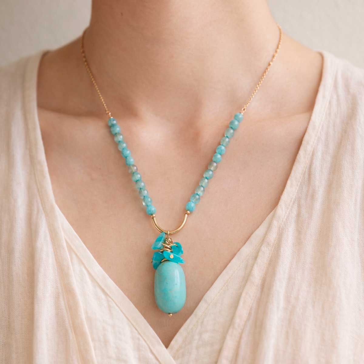amazonite-blue-phosphorite-drop-necklace-worn