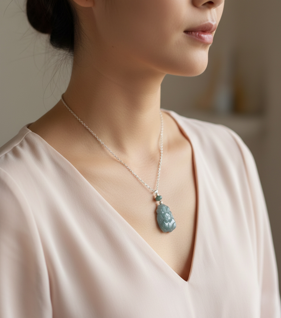 翡翠九尾狐項鍊真人佩戴照，藍綠色翡翠九尾狐墜飾搭配銀色鍊條，自然垂墜於鎖骨中央，展現溫柔氣質