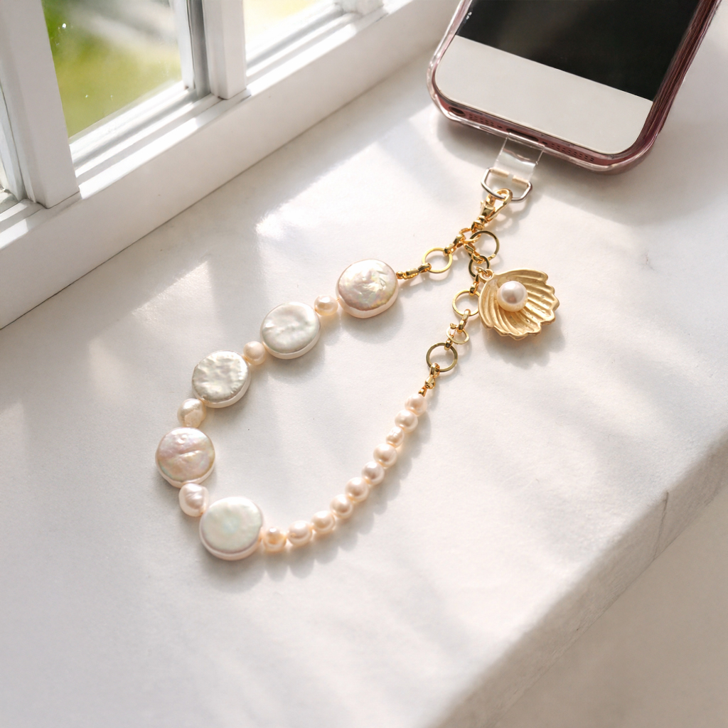 巴洛克白珍珠手機掛繩連接手機實拍，窗邊自然光下呈現珍珠層次光澤與金色貝殼吊飾的日常質感