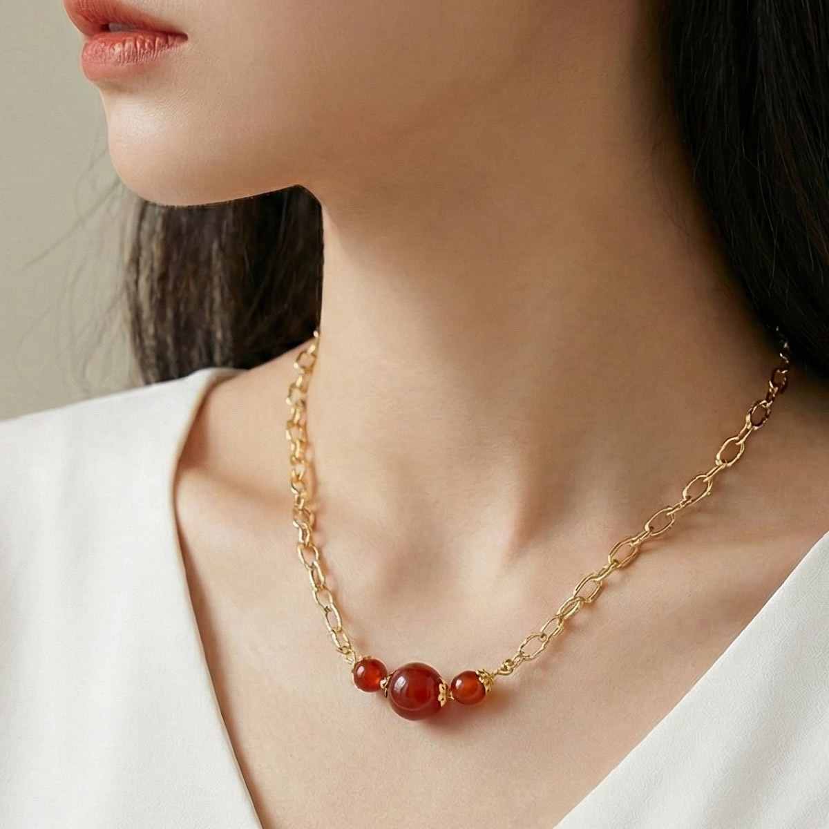 warm-red-agate-chalcedony-necklace-worn-model