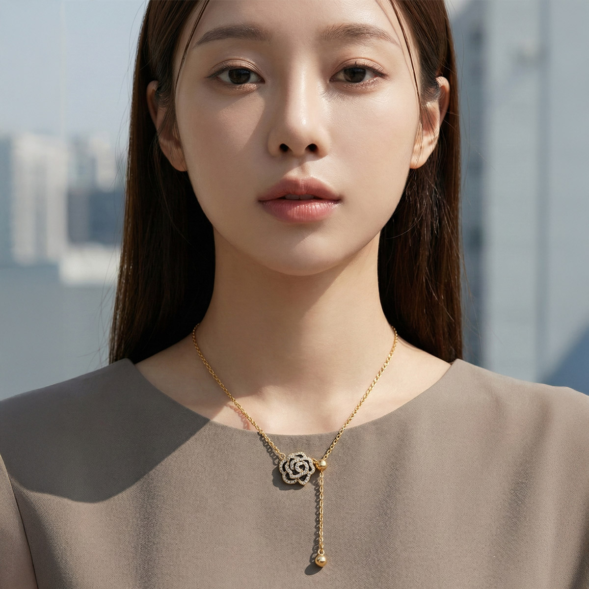 black-rose-minimal-drop-necklace-wearing-natural-light