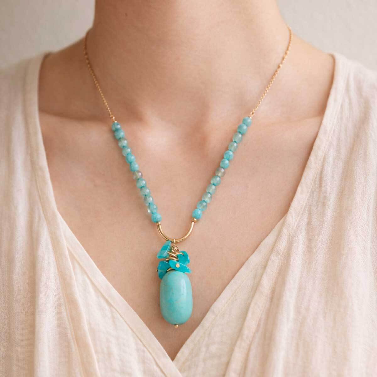amazonite-blue-phosphorite-drop-necklace-worn