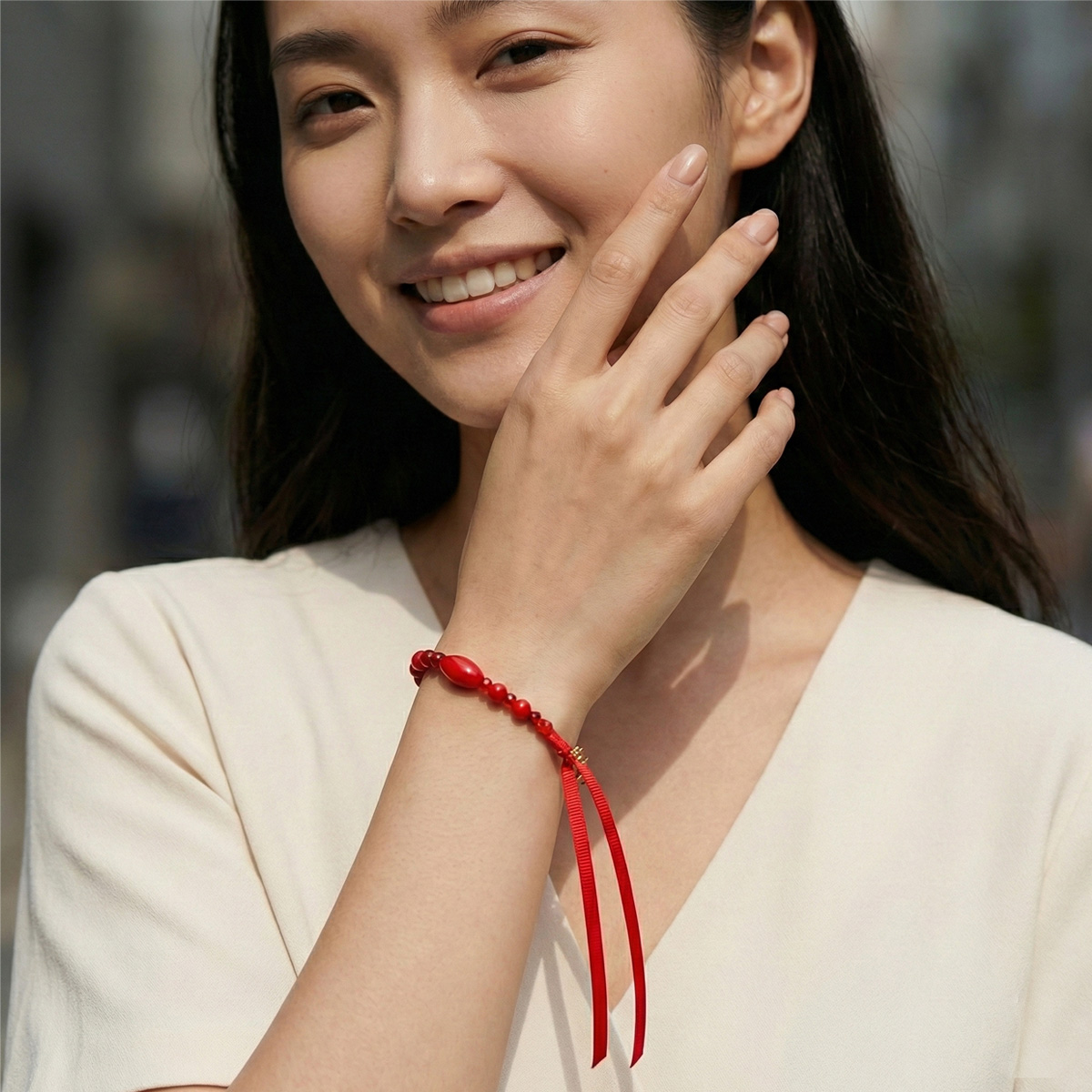 red-coral-stone-ribbon-bracelet-wear-style