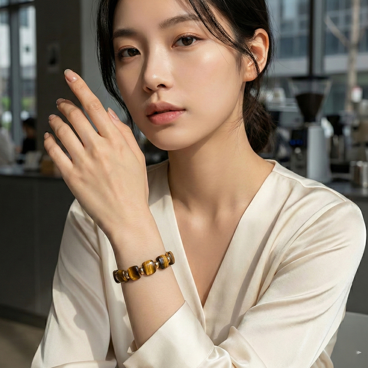 女性日常情境配戴琥珀光芒虎眼石手環,展現溫潤金棕色調與穿搭氛圍