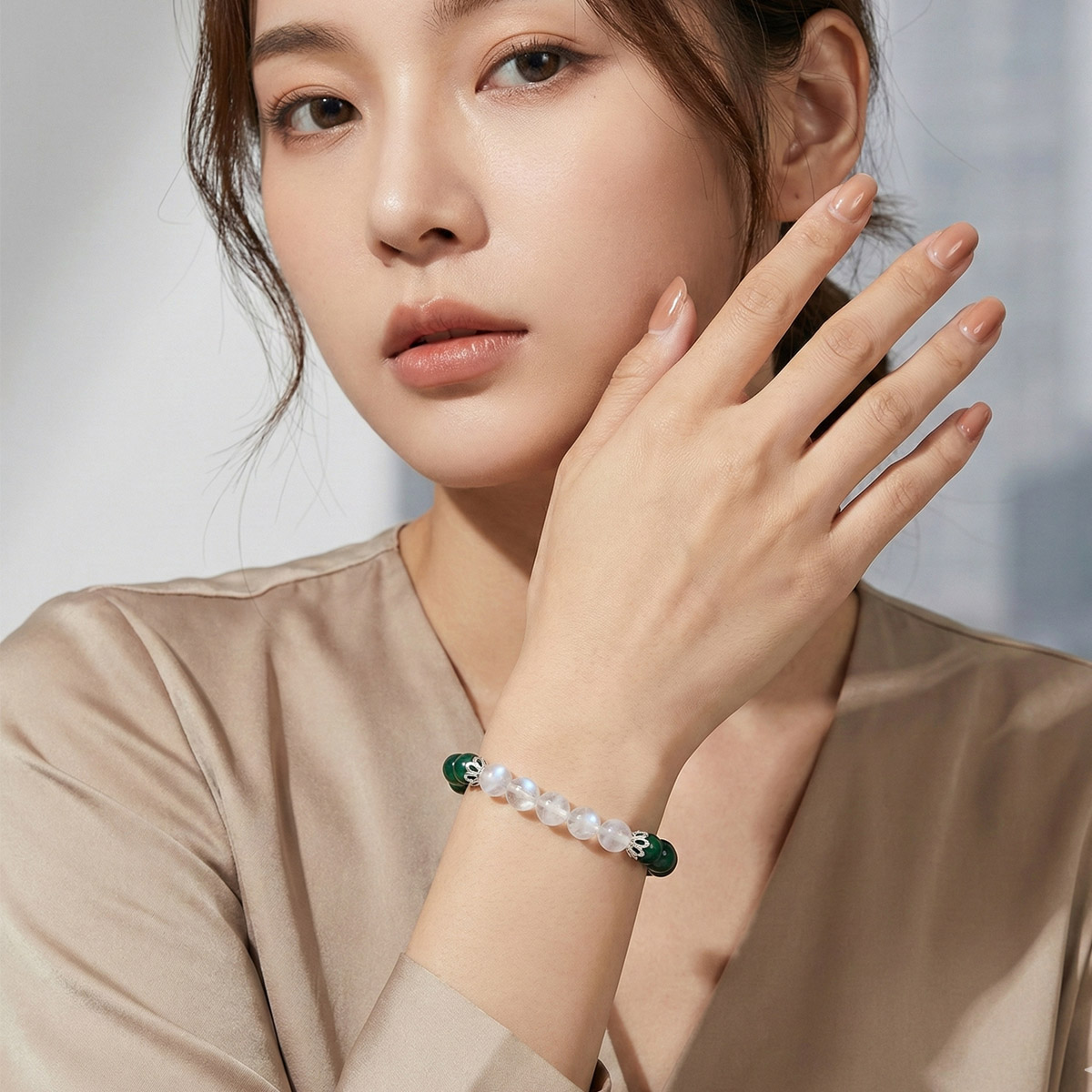 green-strawberry-quartz-moonstone-bracelet-wear