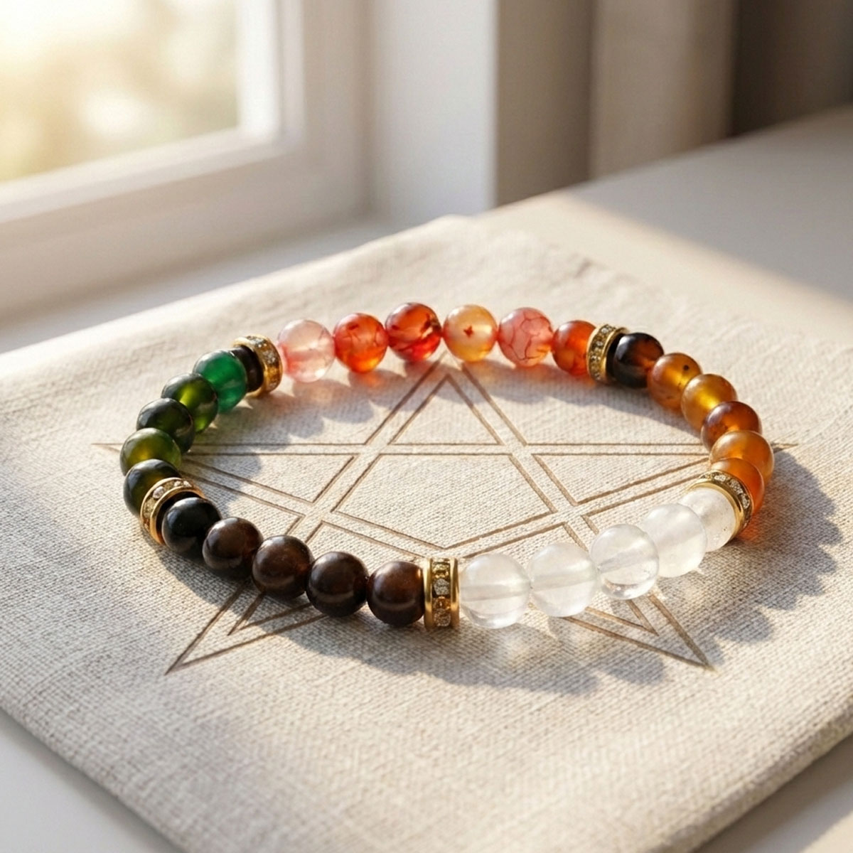 五行碧璽能量手鍊置於窗邊自然光下,搭配星芒圖案底布,多色碧璽在溫暖陽光中呈現柔和層次,營造平衡安定的生活氛圍。