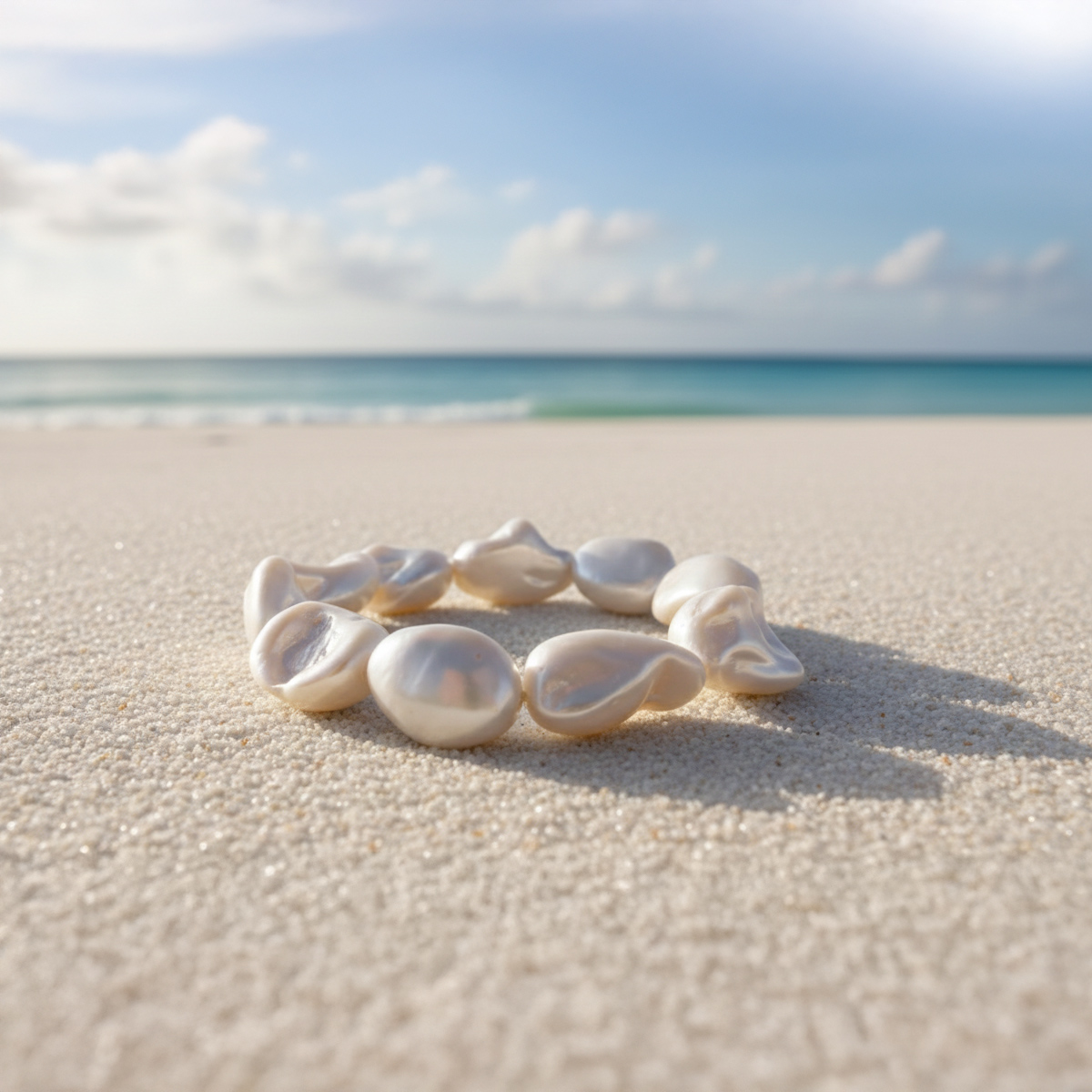 白色巴洛克珍珠手鍊置於沙灘細沙上，天然不規則珍珠在柔和陽光下呈現溫潤光澤，背景為海岸線與藍天