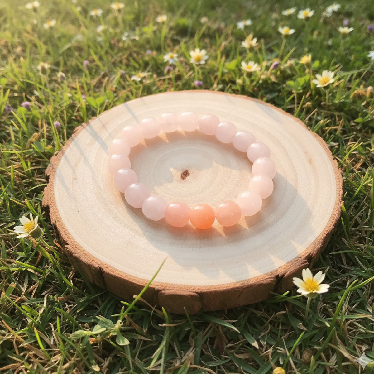 粉貝玉透亮圓珠手鍊於草地自然情境中展示,粉色珠光搭配木質與花草,呈現日常陪伴的柔和氣息。