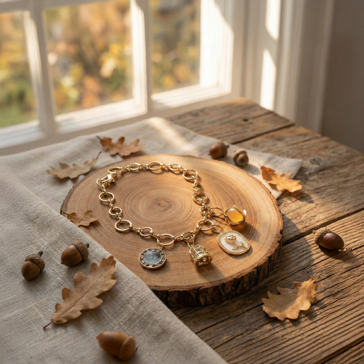 黃貓眼石海貝玫瑰金手鍊擺放於原木圓片上,搭配自然窗光與秋日元素,呈現溫潤細緻的生活風格展示