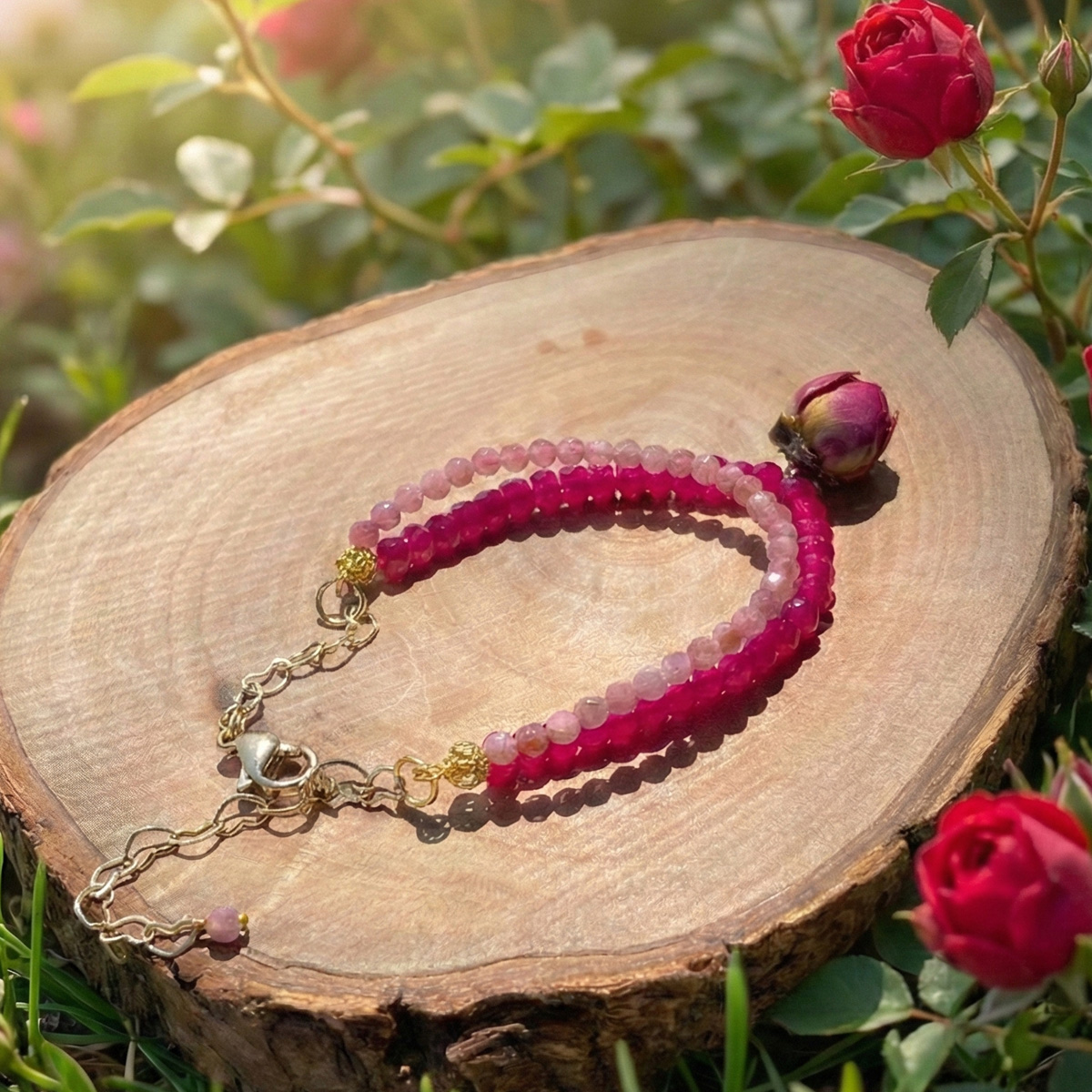 紫鋰石紅剛石晨露玫瑰手鍊置於玫瑰花園木座上,呈現自然療癒與溫柔氣息