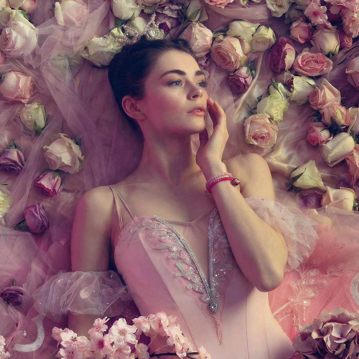 紫鋰石紅剛石晨露玫瑰手鍊於浪漫玫瑰氛圍中配戴,展現柔美情感與女性魅力