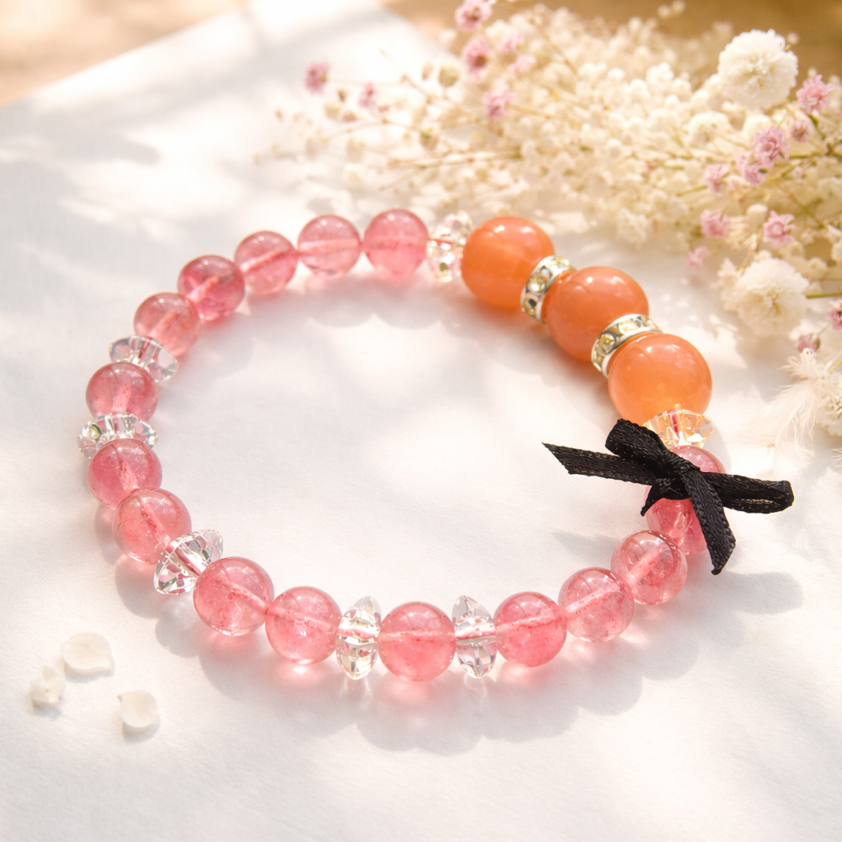 橙月光石草莓晶手鍊自然光情境照,搭配淡色花材襯托粉橙色水晶質感