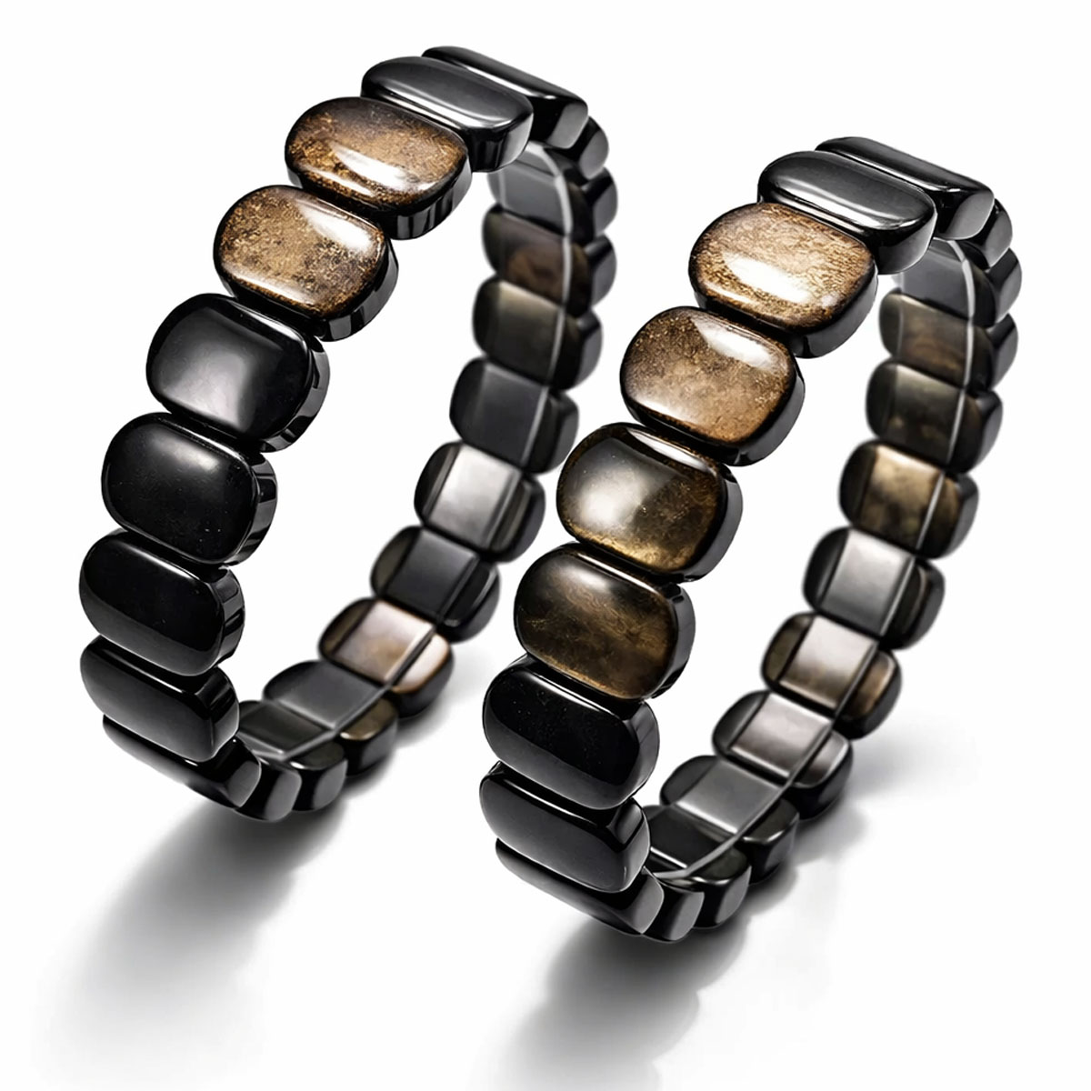 金黑曜石能量手排白底單品圖,長方形切割黑曜石呈現自然金色礦紋與厚實光澤