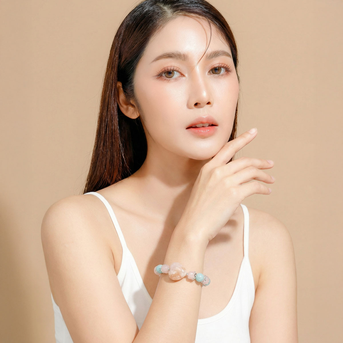 pink-opal-amazonite-heart-bracelet-model-portrait