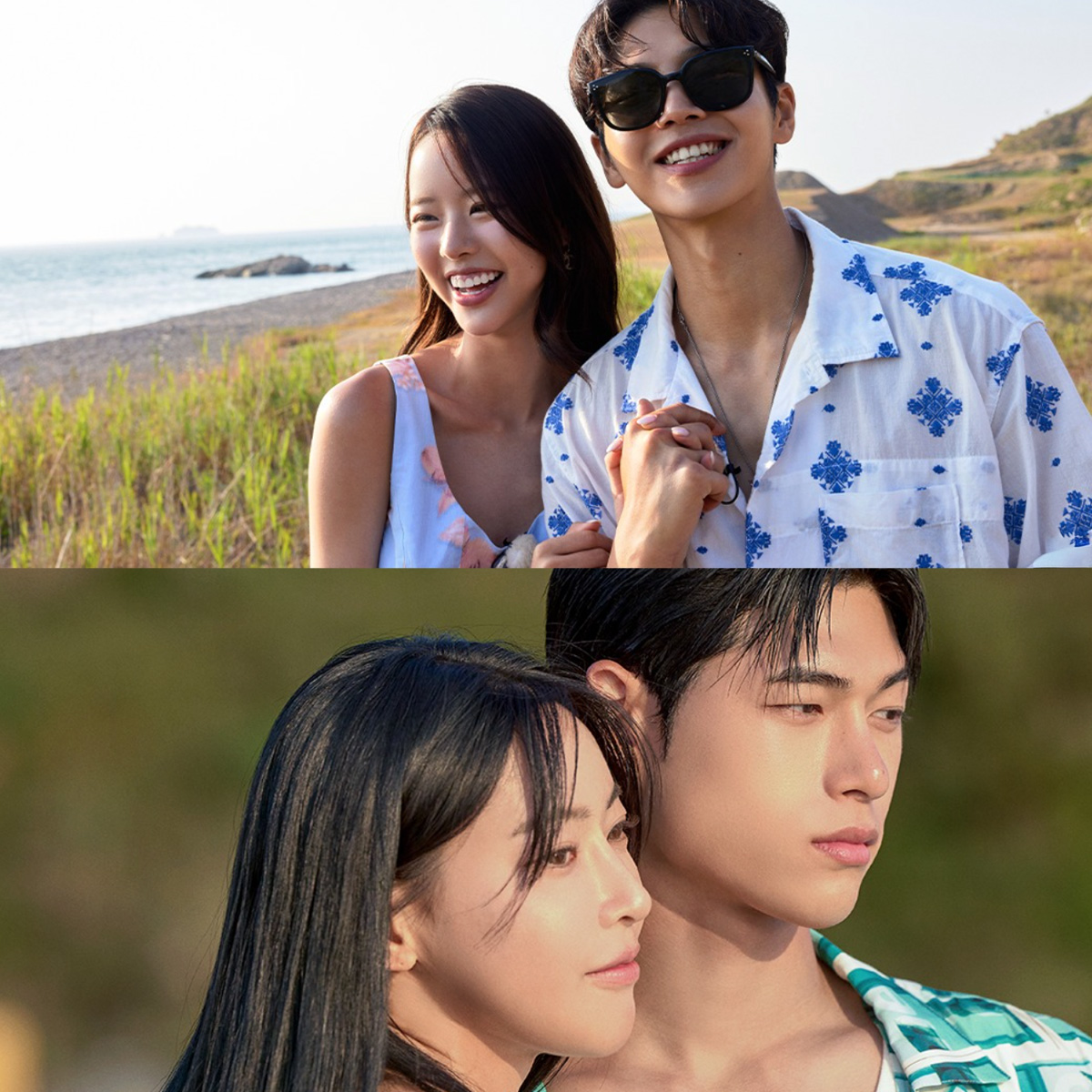 韓國戀愛實境節目《單身即地獄5》中兩對在海邊約會的情侶劇照,一組氣氛甜蜜笑著牽手,另一組神情較冷靜沉默,對比戀綜裡的粉紅泡泡與現實關係的落差。