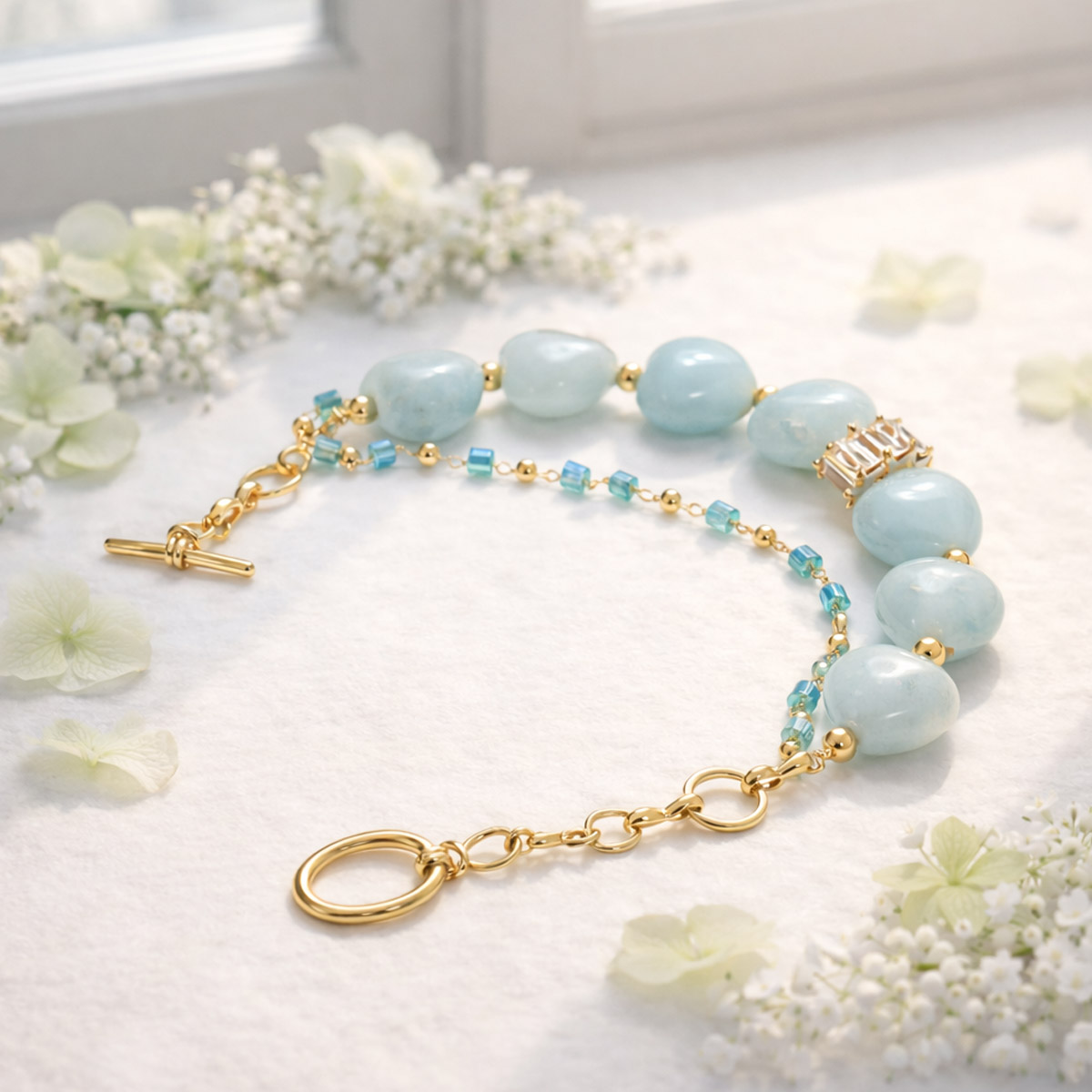 淡藍色天河石愛心雙層金鏈手鍊,搭配金色圓環扣與細緻藍色小珠點綴,清晨窗邊自然光療癒氛圍展示