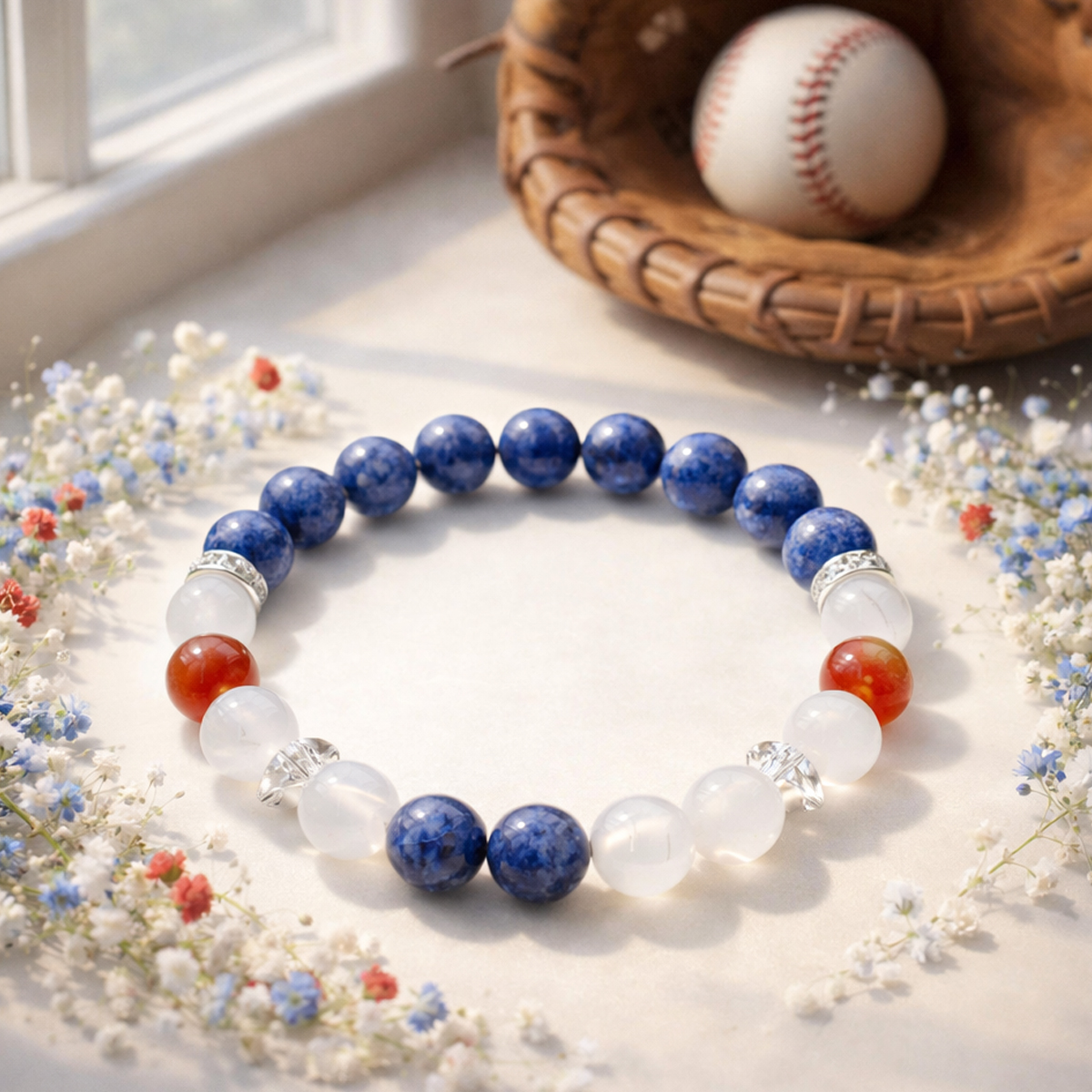 青金石信念節奏水晶手鍊窗邊情境照，清晨自然光下擺放於桌面，背景有棒球手套與棒球，周圍點綴藍白紅小花，突出青金石與白玉髓、紅色圓珠搭配。